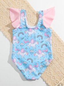 Toddler Girls Unicorn Print Ruffle Trim One Piece Swimsuit - Blue - View 2