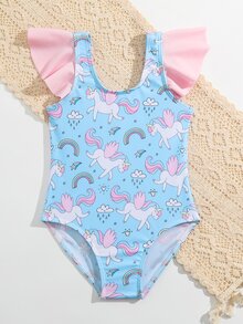 Toddler Girls Unicorn Print Ruffle Trim One Piece Swimsuit - Blue - View 4
