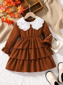 小女童拼接網眼刺繡誇大領口層疊下擺連衣裙 - 棕色 - 查看 1