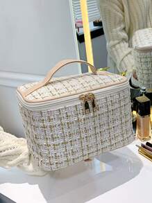 格紋印花方形化妝包,旅行必備 - 彩色 - 查看 2