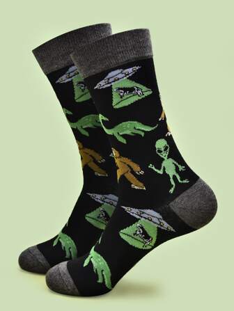 男士外星人和恐龍圖案中筒襪
