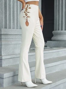 Eilly Bazar Lace Up Side Flare Leg Pants - White - View 1