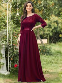 EVERPRETTY V-Back Lace Bodice Chiffon Bridesmaid Dress Elegant Dress - Maroon - View 1