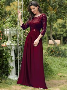 EVERPRETTY V-Back Lace Bodice Chiffon Bridesmaid Dress Elegant Dress - Maroon - View 4