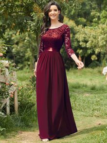 EVERPRETTY V-Back Lace Bodice Chiffon Bridesmaid Dress Elegant Dress - Maroon - View 5
