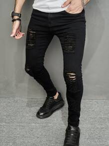 Manfinity Roughcore Men Cotton Ripped Frayed Jeans Plain Slim Fit Long Plain Black Cargo Jeans, For Husband, Boyfriend Gifts, Black Ripped Jeans Men, Men S Skinny Ripped Jeans, Men Distressed Jeans, Goth Jeans, Manfinity Legnd Men Cotton Splash Ink Ripped Jeans Urban Going Out Party Vacation - Black - View 6