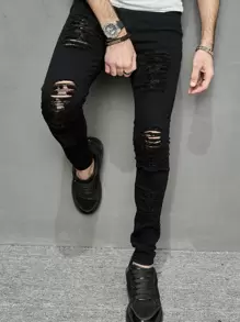 Manfinity Roughcore Men Cotton Ripped Frayed Jeans Plain Slim Fit Long Plain Black Cargo Jeans, For Husband, Boyfriend Gifts, Black Ripped Jeans Men, Men S Skinny Ripped Jeans, Men Distressed Jeans, Goth Jeans, Manfinity Legnd Men Cotton Splash Ink Ripped Jeans Urban Going Out Party Vacation - Black - View 7