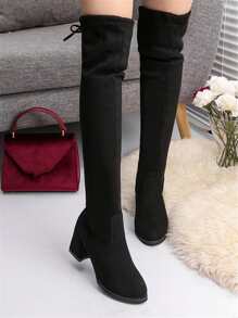 Bow Decor Chunky Heeled Sock Boots - Black - View 2