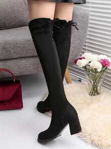 Bow Decor Chunky Heeled Sock Boots - Black - View 3