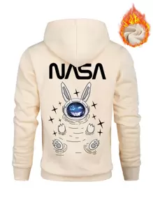 Manfinity Homme Men Animal & Letter Graphic Kangaroo Pocket Drawstring Thermal Hoodie - Apricot - View 1