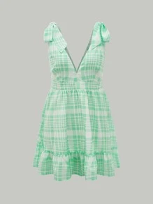 SHEIN MOD Plaid Tie Shoulder Ruffle Hem Dress - Green - View 2