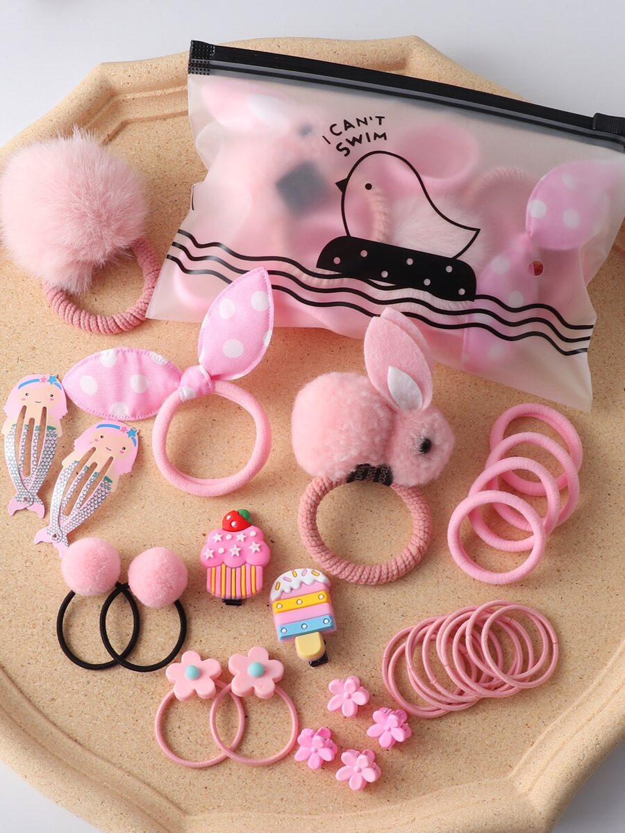 Conjunto de 30 piezas de accesorios para cabello con decoración de flores y pompones, lindo moño - Rosa - Ver 1