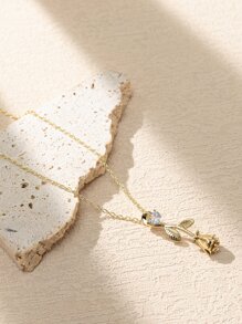 Cubic Zirconia Decor Flower Pendant Necklace - Yellow Gold - View 1