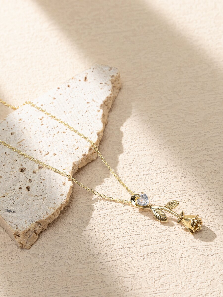 Cubic Zirconia Decor Flower Pendant Necklace - Yellow Gold - View 1