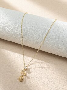 Cubic Zirconia Decor Flower Pendant Necklace - Yellow Gold - View 2