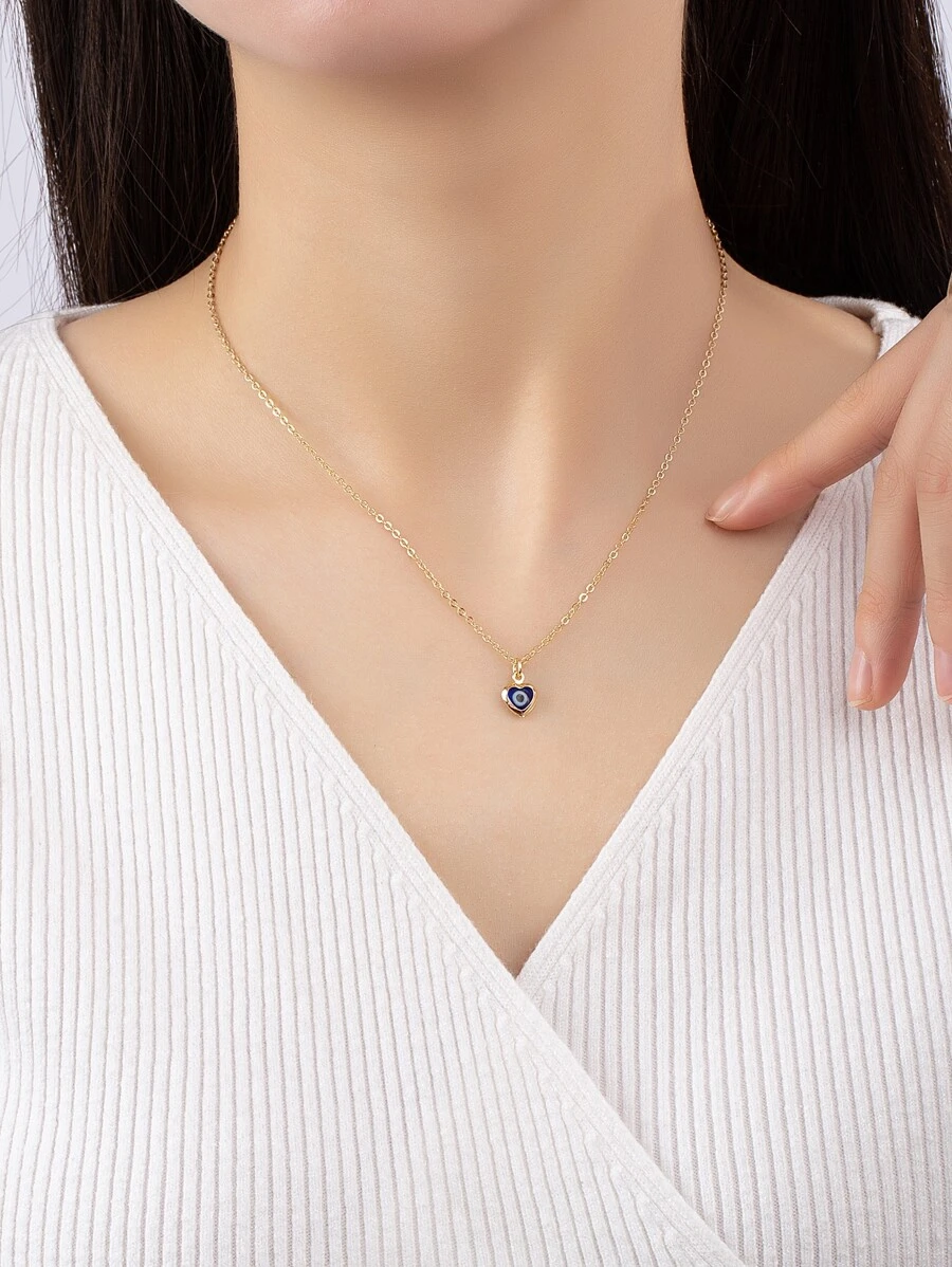 1入組邪惡之眼圖案心形墜飾項鍊銅首飾類 - 金黃色 - 查看 1