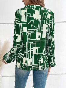 Geo Print Notched Neckline Lantern Sleeve Blouse - Green - View 2