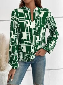 Geo Print Notched Neckline Lantern Sleeve Blouse - Green - View 6