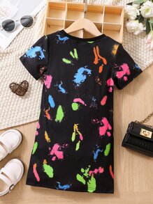 SHEIN Young Girl Black Casual Round Neck Short Sleeve Mini Dress With Figure & Letter Print, Summer - Black - View 2