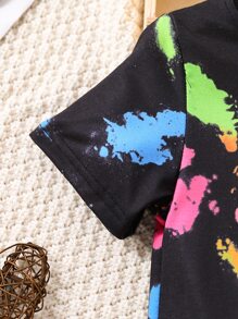 SHEIN Young Girl Black Casual Round Neck Short Sleeve Mini Dress With Figure & Letter Print, Summer - Black - View 4