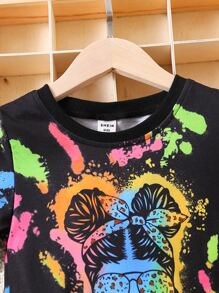 SHEIN Young Girl Black Casual Round Neck Short Sleeve Mini Dress With Figure & Letter Print, Summer - Black - View 3