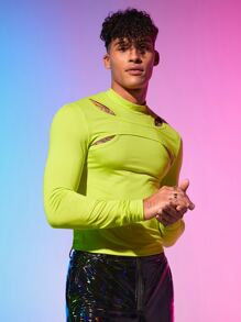 FeverCity Men Neon Lime Cut Out Mock Neck Tee - Lime Green - View 1