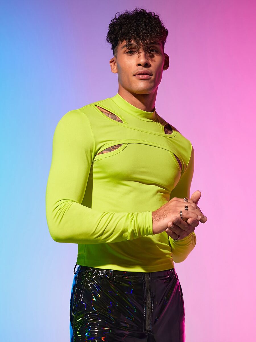 FeverCity Men Neon Lime Cut Out Mock Neck Tee - Lime Green - View 1