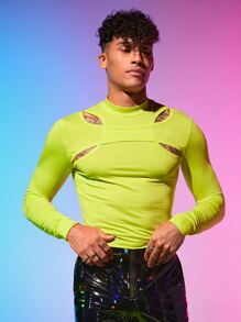 FeverCity Men Neon Lime Cut Out Mock Neck Tee - Lime Green - View 2