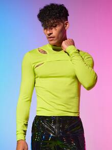 FeverCity Men Neon Lime Cut Out Mock Neck Tee - Lime Green - View 3