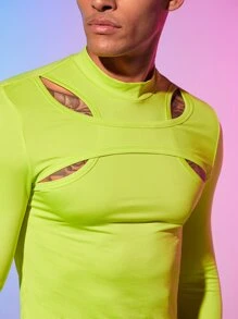 FeverCity Men Neon Lime Cut Out Mock Neck Tee - Lime Green - View 6
