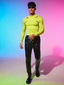 FeverCity Men Neon Lime Cut Out Mock Neck Tee - Lime Green - View 8