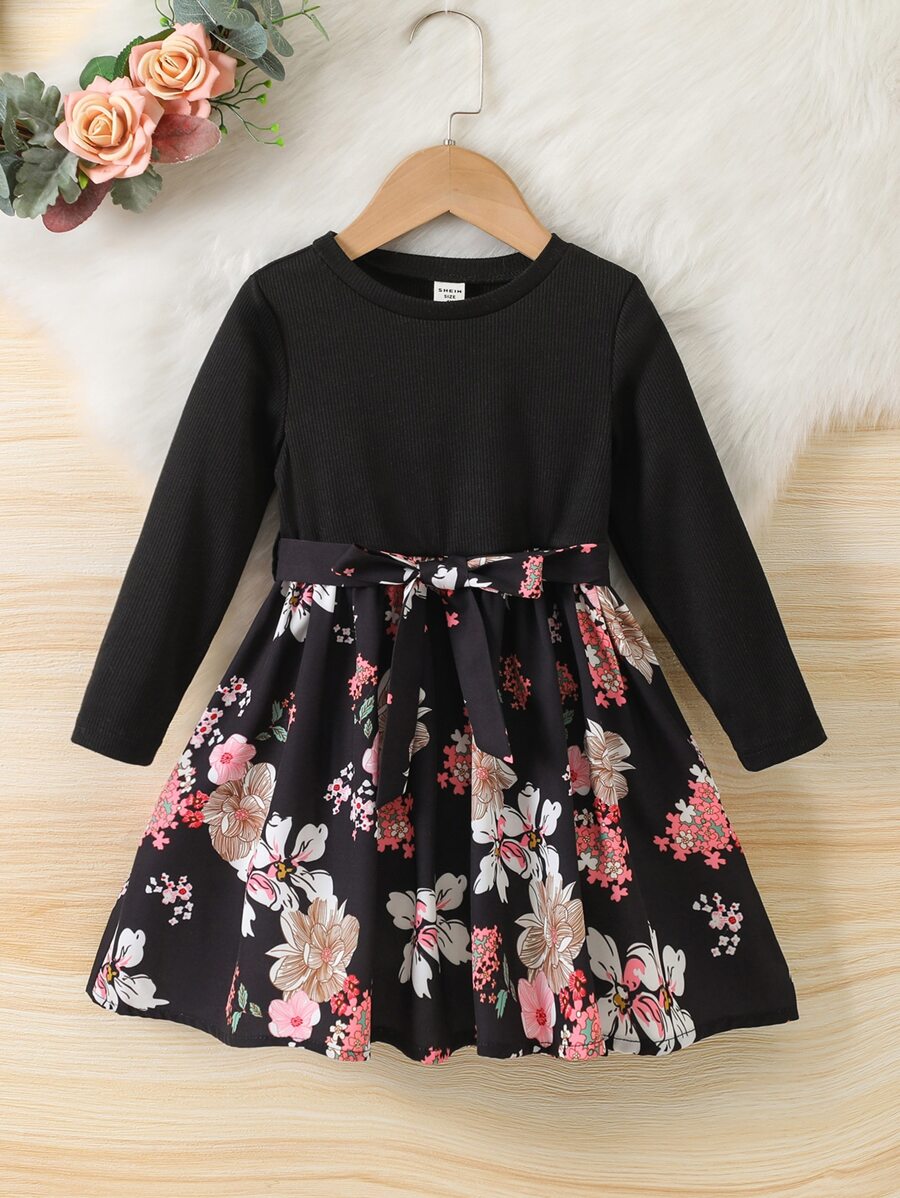 小女童印花繫腰帶洋裝