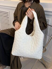 Floral Quilted Shoulder Tote Bag - White - View 2