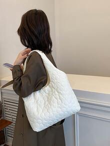 Floral Quilted Shoulder Tote Bag - White - View 8