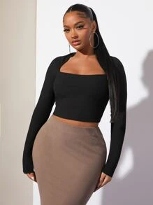 SHEIN SXY Square Neck Crop Tee - Black - View 1