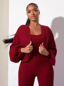 SHEIN SXY Lantern Sleeve Open Front Jacket - Burgundy - View 1