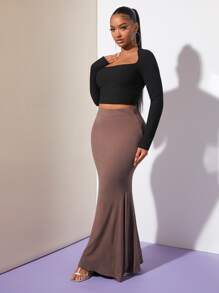 SHEIN SXY Váy nữ Gân đan màu trơn Thanh lịch - Màu nâu  Mocha - Xem 6