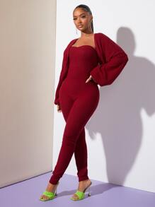 SHEIN SXY Lantern Sleeve Open Front Jacket - Burgundy - View 4