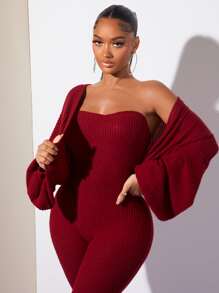 SHEIN SXY Lantern Sleeve Open Front Jacket - Burgundy - View 5