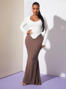 SHEIN SXY Váy nữ Gân đan màu trơn Thanh lịch - Màu nâu  Mocha - Xem 4