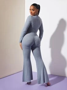 SHEIN SXY Mock Neck Flare Leg Rib-knit Jumpsuit - Dusty Blue - View 2