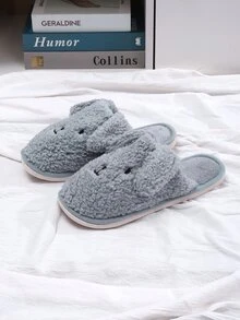 男士刺繡細節狗狗設計毛茸茸趣味拖鞋 - 灰色 - 查看 3