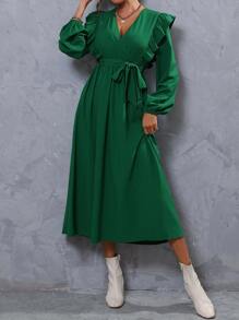 SHEIN LUNE Ruffle Trim Lantern Sleeve Belted Dress - Green - View 1