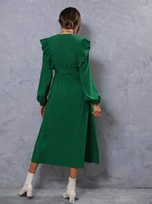 SHEIN LUNE Ruffle Trim Lantern Sleeve Belted Dress - Green - View 2