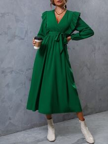 SHEIN LUNE Ruffle Trim Lantern Sleeve Belted Dress - Green - View 3