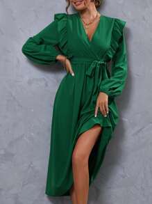 SHEIN LUNE Ruffle Trim Lantern Sleeve Belted Dress - Green - View 5