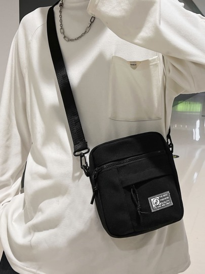 Mini Men Letter Patch Crossbody Bag, Handbag Schoolbag Sling Bag Sport Bag For Student College School Shoulder Bag Square Bag For Travel Essentials Gifts For Boyfriend College Bag Outdoor Bag Rider Bag Black Bag Large Capacity Multi-Functional Vacation Holiday Essentials Bag For Men Camping Sling Bag For Men Bags Summer Back To School Summer Bag Spring Break Bag Pack Cross Body Bag School Supplies