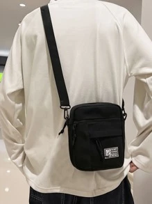 迷你男士字母贴片斜挎包，手提包书包单肩包学生运动包大学生单肩包方形包旅行必备品男朋友礼物大学生包户外包骑行包黑色包大容量多功能度假必备包男士露营单肩包男士包夏季返校包春假包斜挎包 - 黑色 - 查看 2