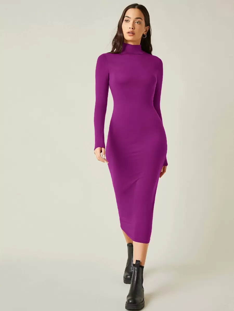 SHEIN BASICS High Neck Solid Bodycon Dress - Purple - View 1