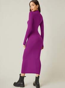 SHEIN BASICS High Neck Solid Bodycon Dress - Purple - View 2